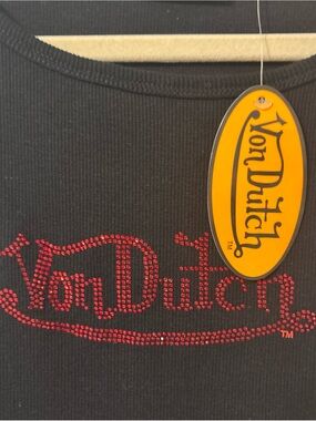 Von Dutch womens Black Ribbed Tee with Red Crystal Logo